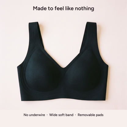 No underwire, wide soft band, removable pads