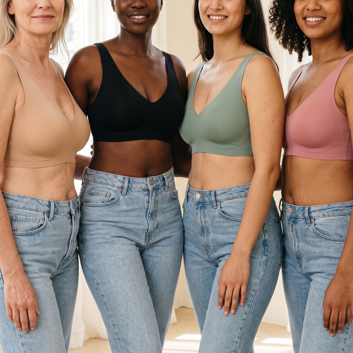 Four women wearing the Seamless Comfort Bra