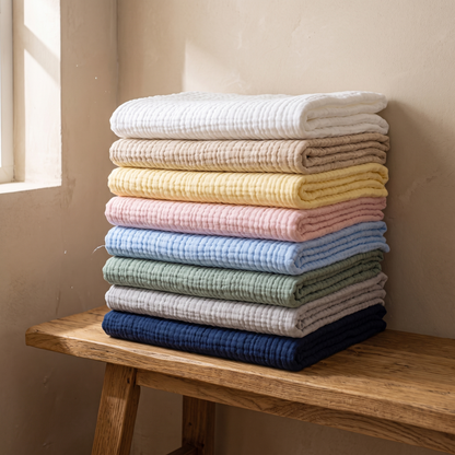 Stack of eight folded gauze blankets in all shades