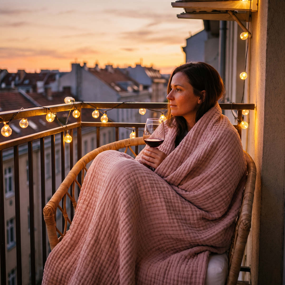 Woman wrapped in a blush gauze blanket on a balcony at sunset