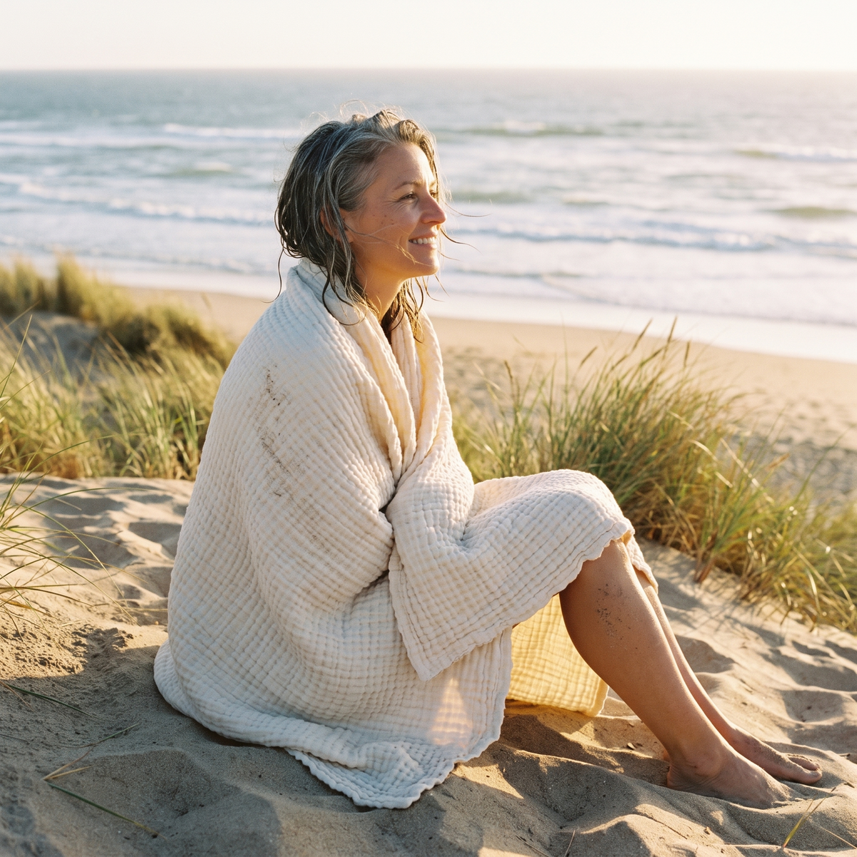 Woman wrapped in a white gauze blanket on the dunes after a swim