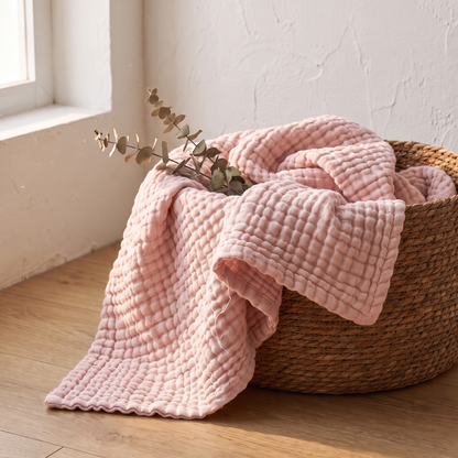 Blush gauze blanket folded in a woven basket