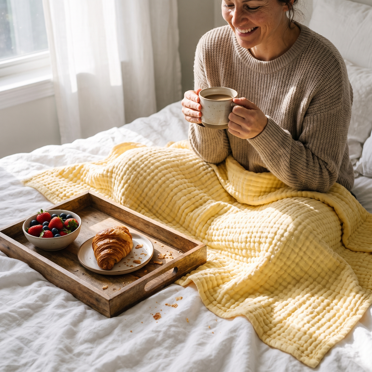Breakfast in bed with a butter yellow gauze blanket over the legs