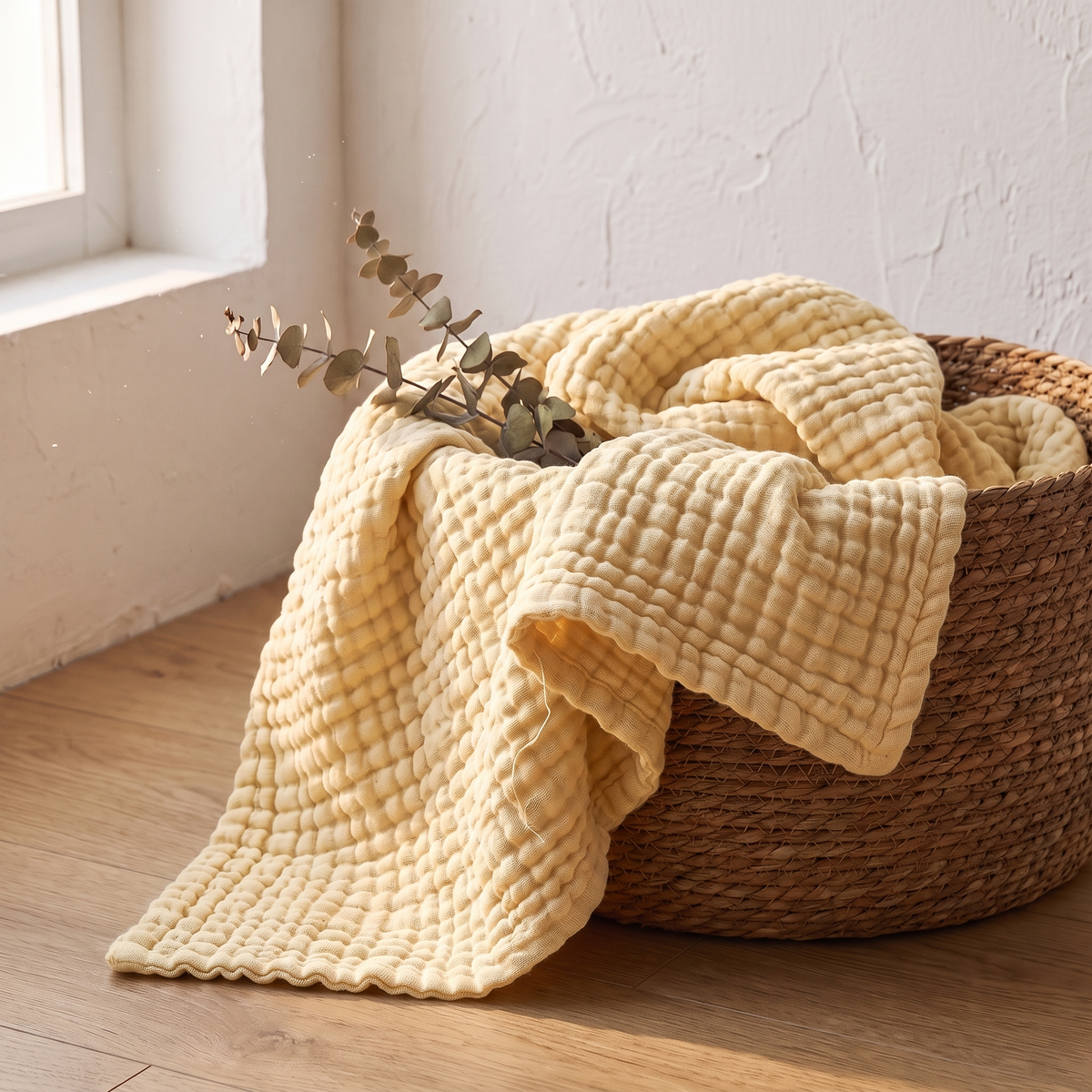 Butter gauze blanket folded in a woven basket