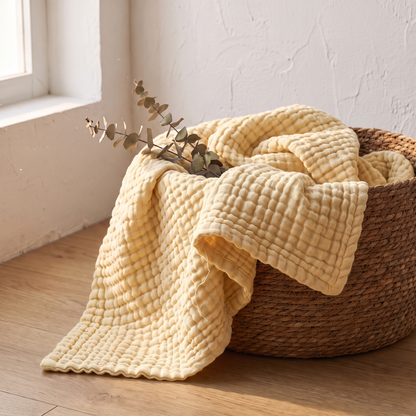 Butter gauze blanket folded in a woven basket