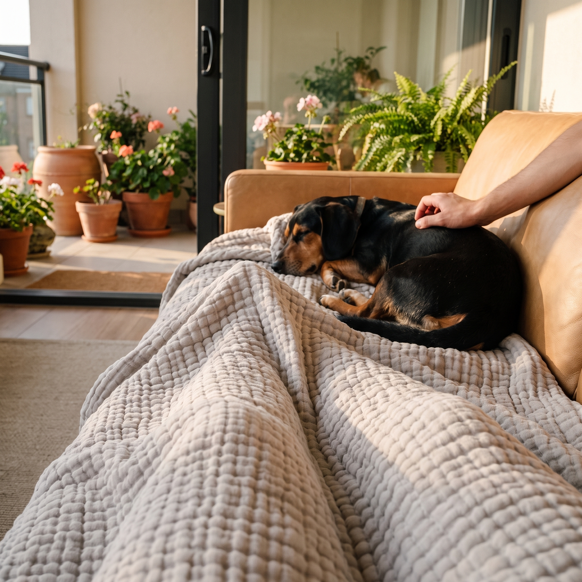 Dog asleep on a stone grey gauze blanket on a leather sofa