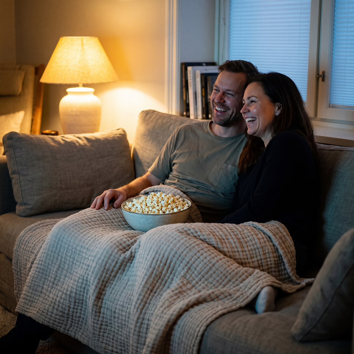Couple sharing a stone grey gauze blanket on the sofa for a film night