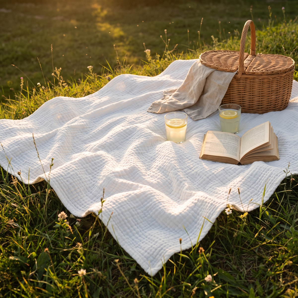 White gauze blanket spread on grass for a garden picnic