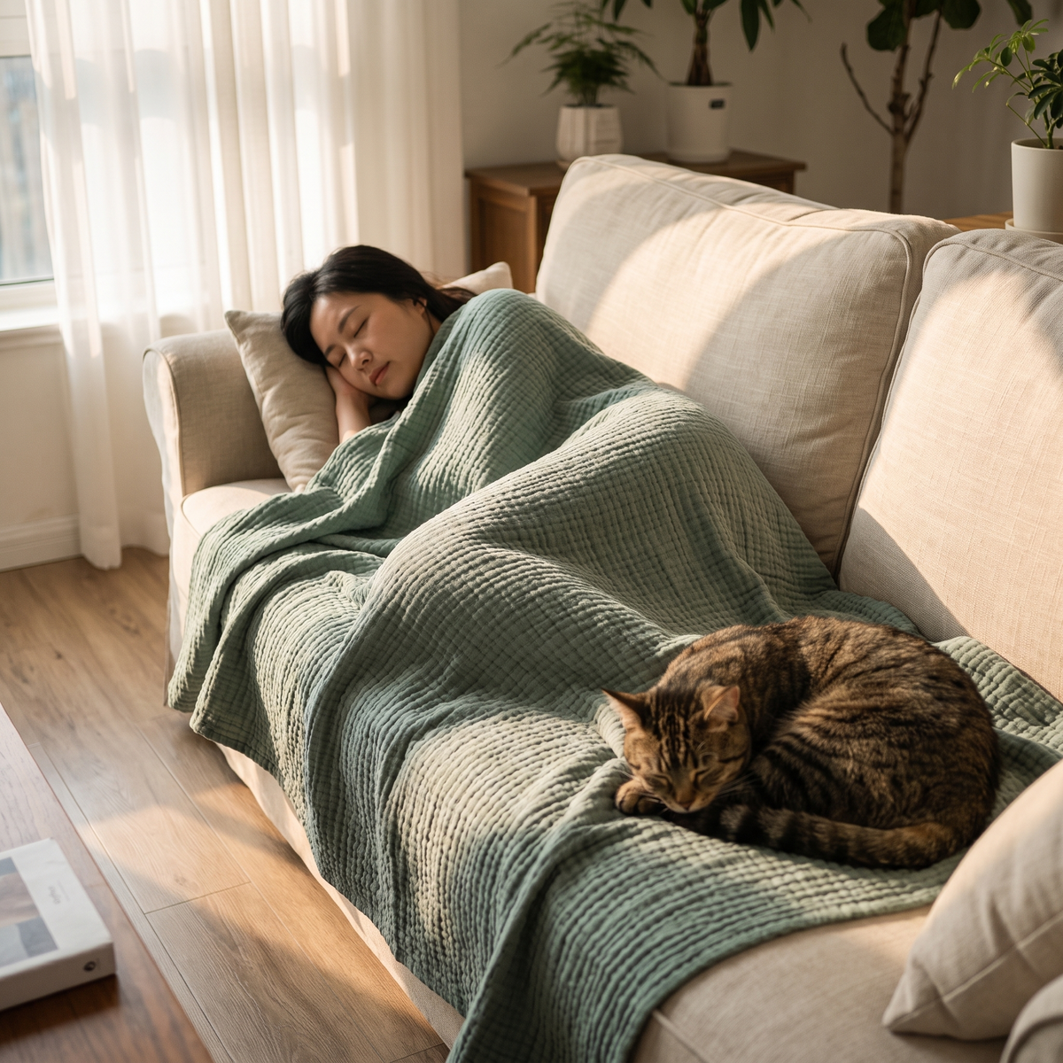 Woman napping under a sage gauze blanket with a cat asleep at her feet