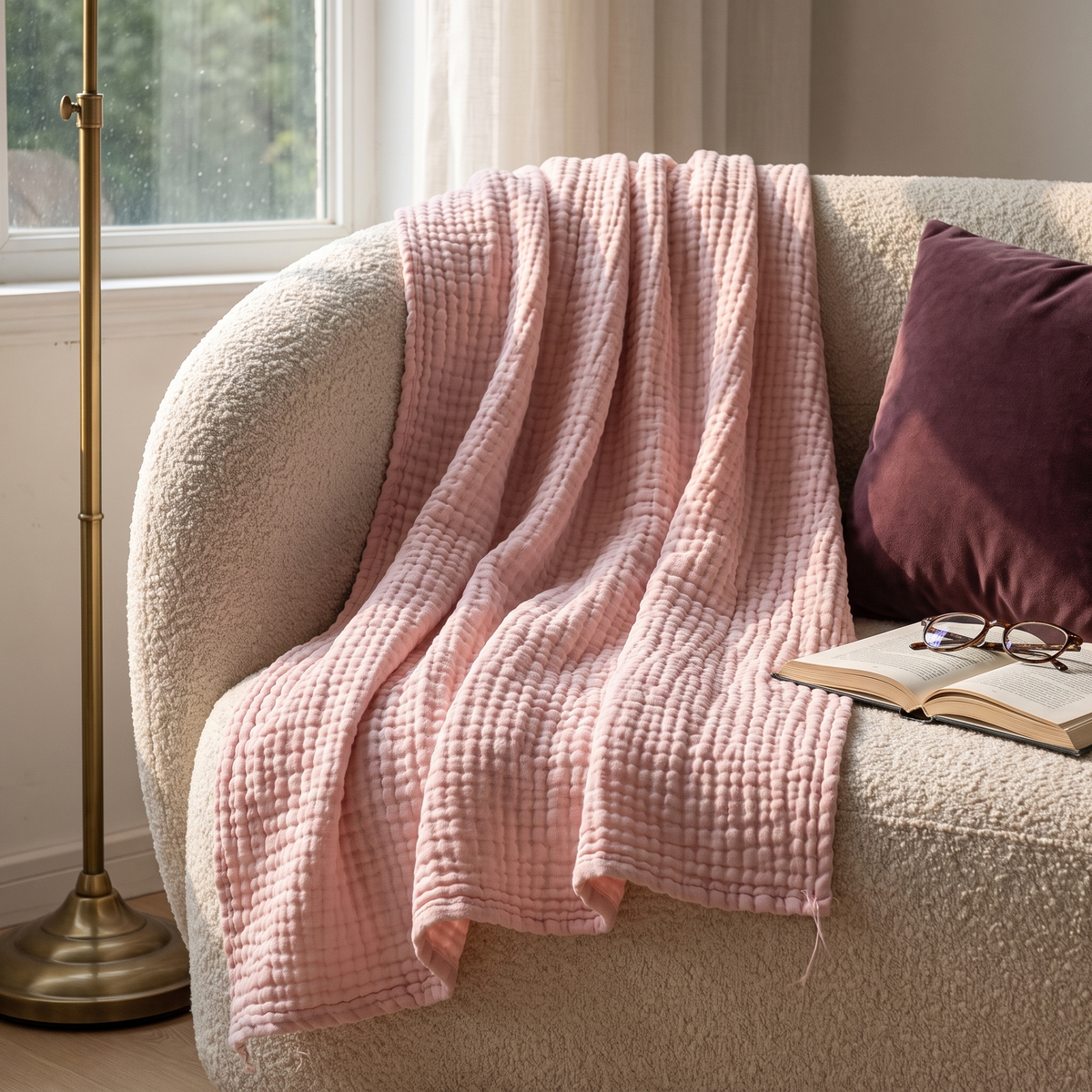 Blush gauze blanket over a reading armchair with an open book