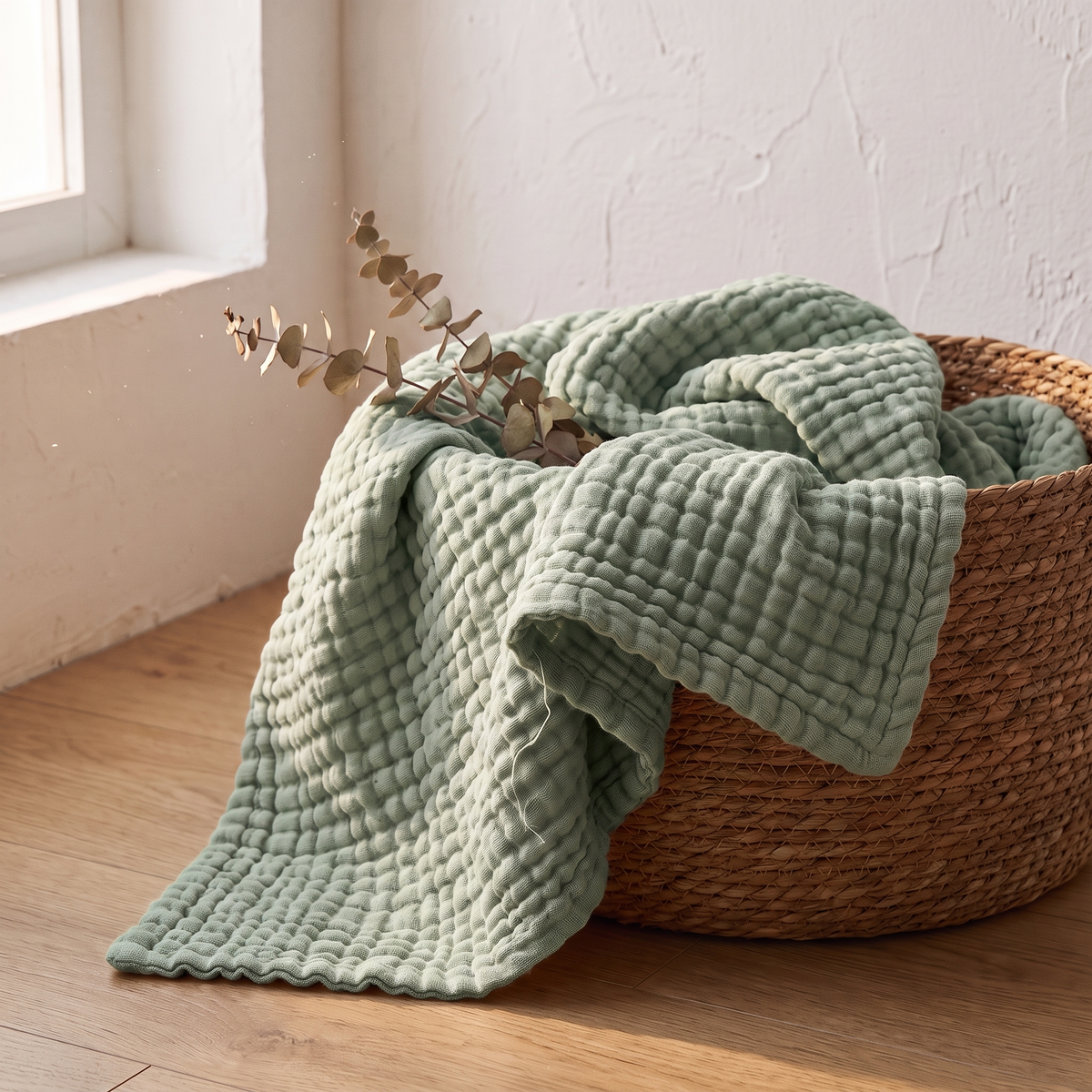 Sage gauze blanket folded in a woven basket