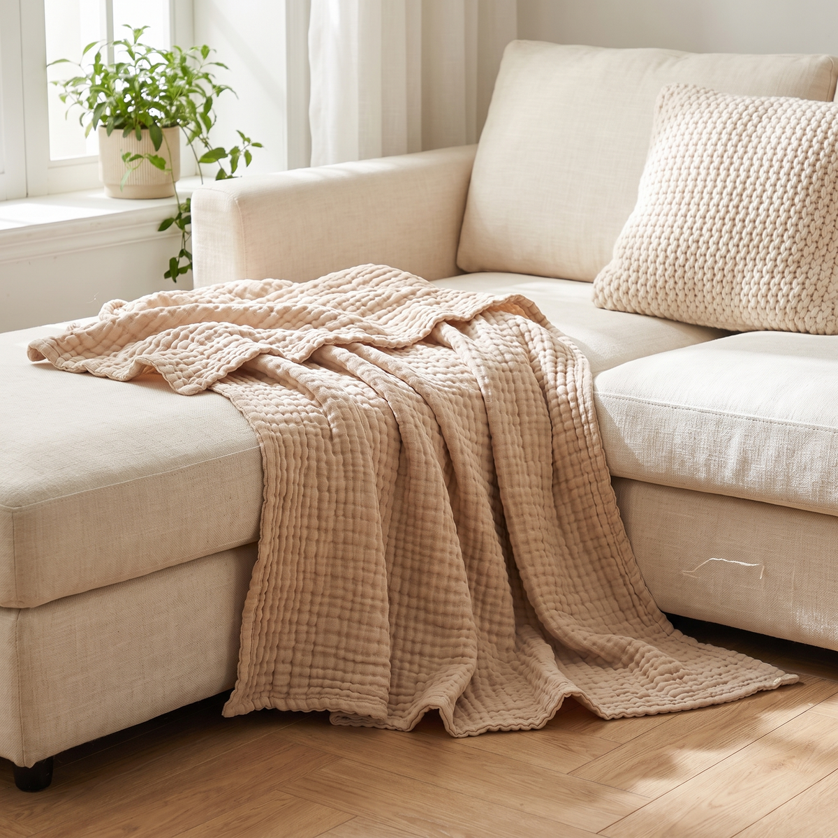 Sand gauze throw draped over a linen sofa