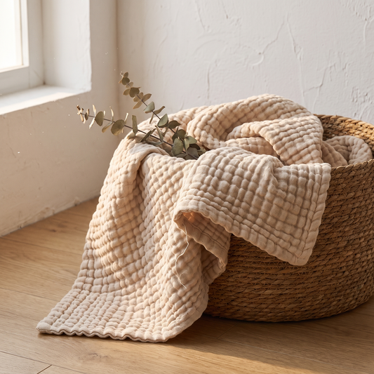 Sand gauze blanket folded in a woven basket