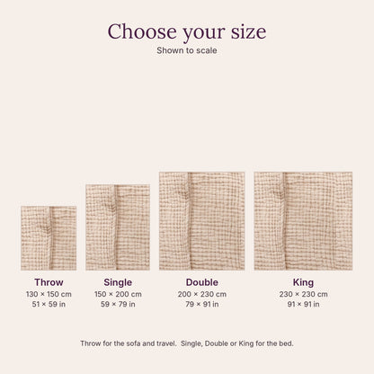 Size guide: Throw 130 x 150 cm, Single 150 x 200 cm, Double 200 x 230 cm, King 230 x 230 cm