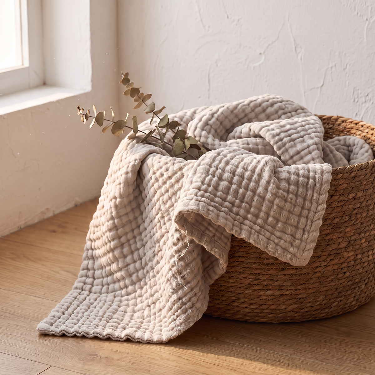 Stone gauze blanket folded in a woven basket