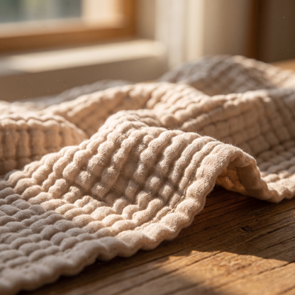 Close-up of the soft bubble texture of the gauze blanket