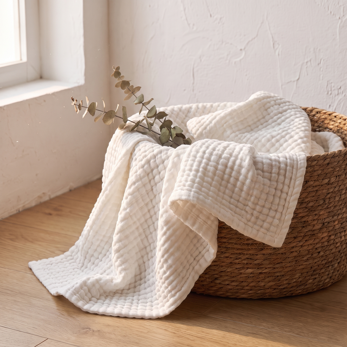 White gauze blanket folded in a woven basket