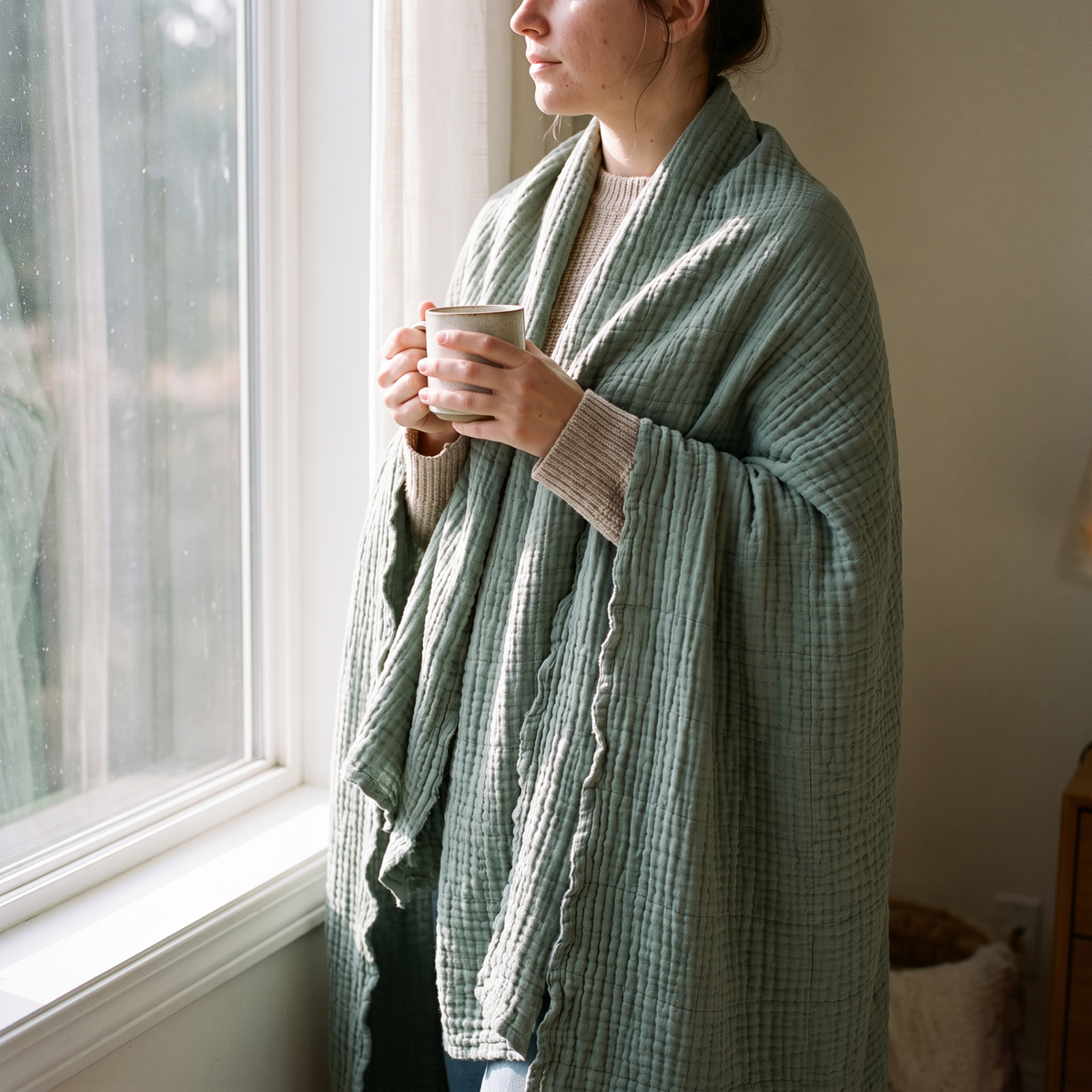 Woman wrapped in a sage gauze blanket holding a mug by the window