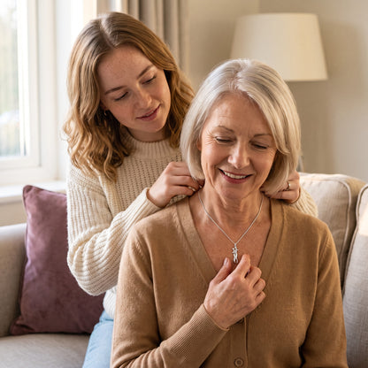 Daughter fastening the silver Hug Necklace on her mum