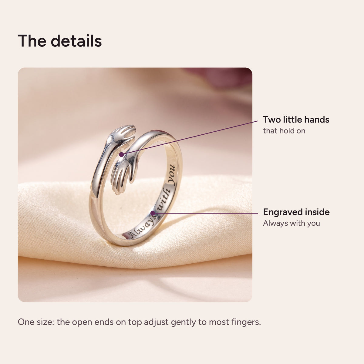Hug ring details: two little hands and the engraving inside