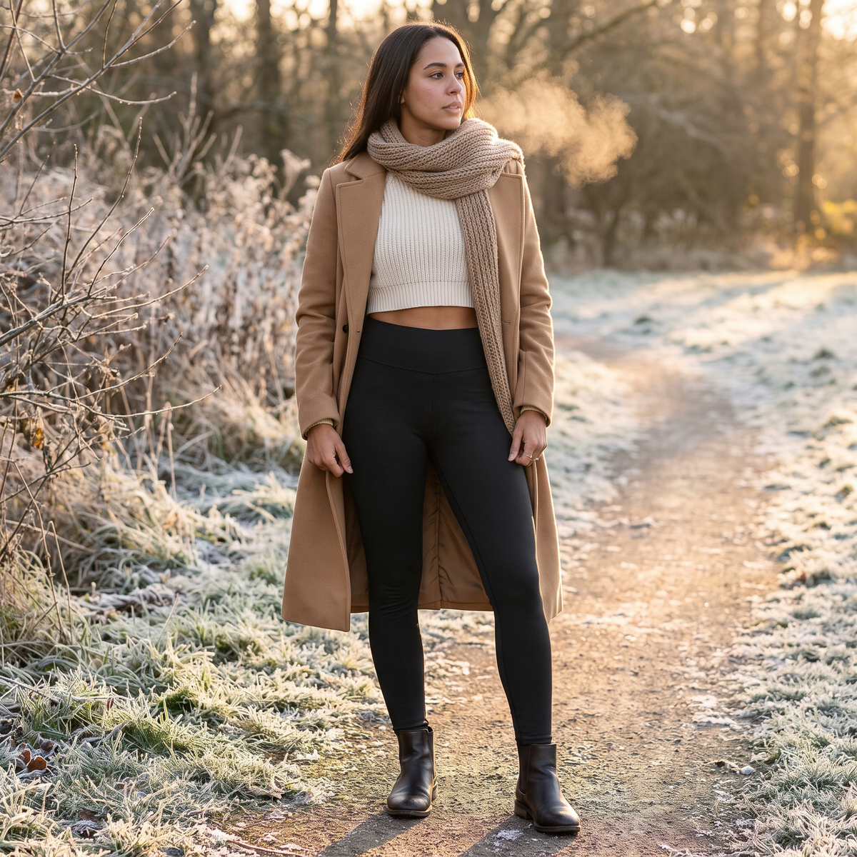 Black leggings on a frosty morning with a camel coat and ankle boots