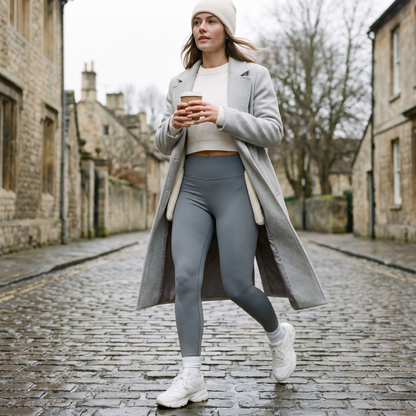 Grey leggings worn with a long coat and trainers on a winter street