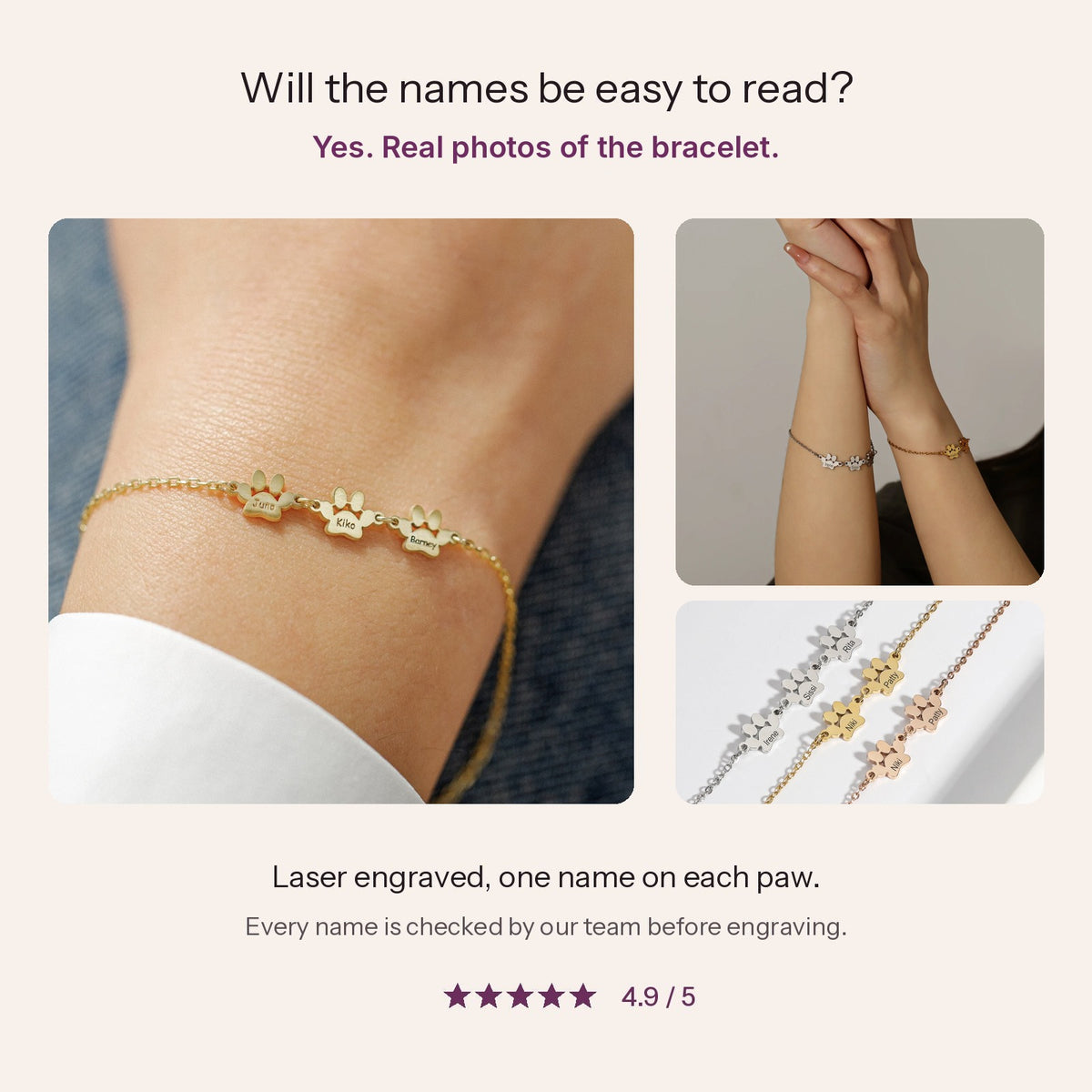 Real photos of the paw print name bracelet, engraved names easy to read