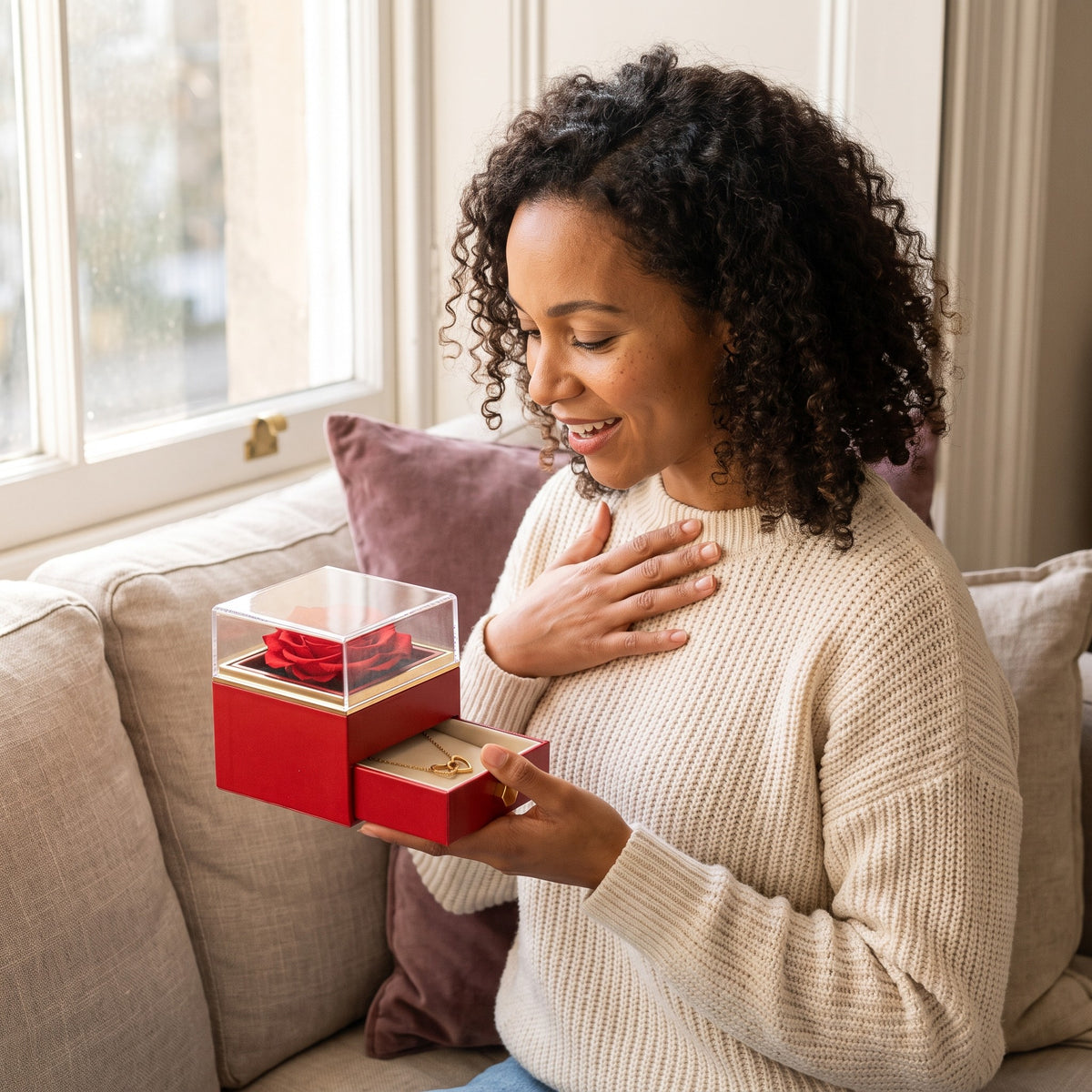 A woman opening the drawer of the Forever Rose box towards her