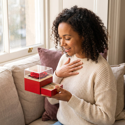 A woman opening the drawer of the Forever Rose box towards her