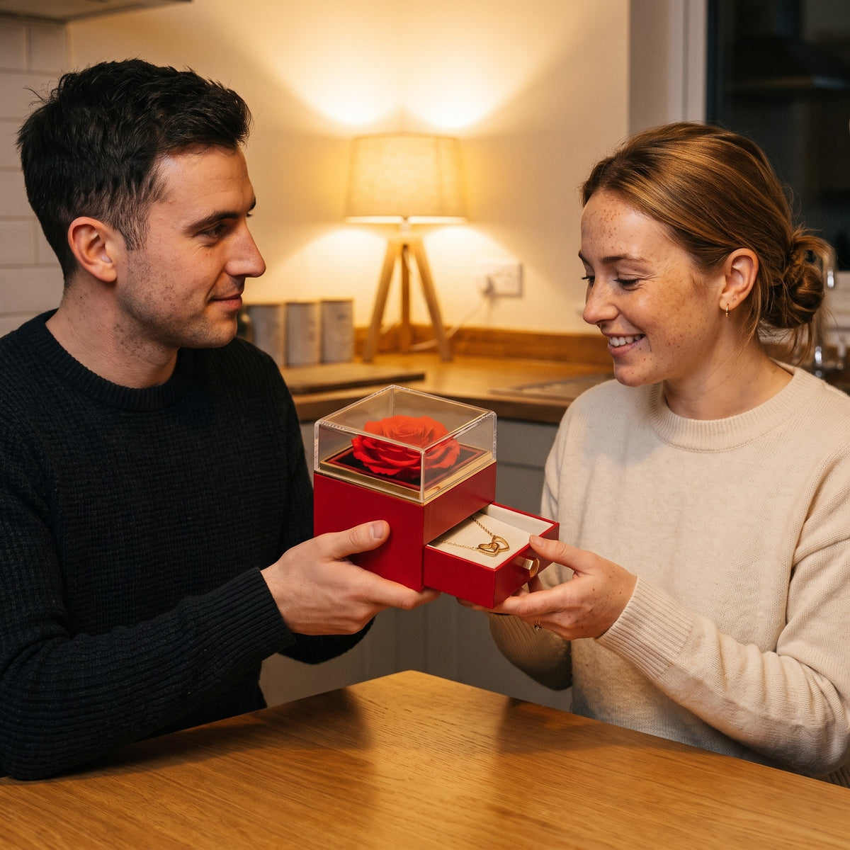 Giving the Forever Rose box, the drawer opening towards her
