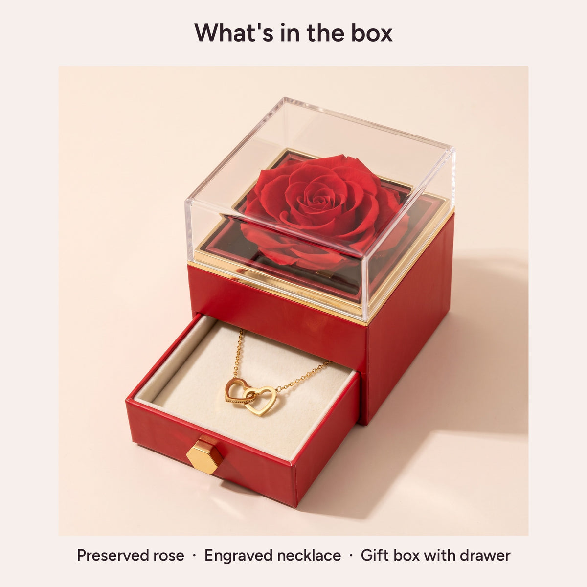 What's in the box: preserved rose, engraved necklace, gift box with drawer