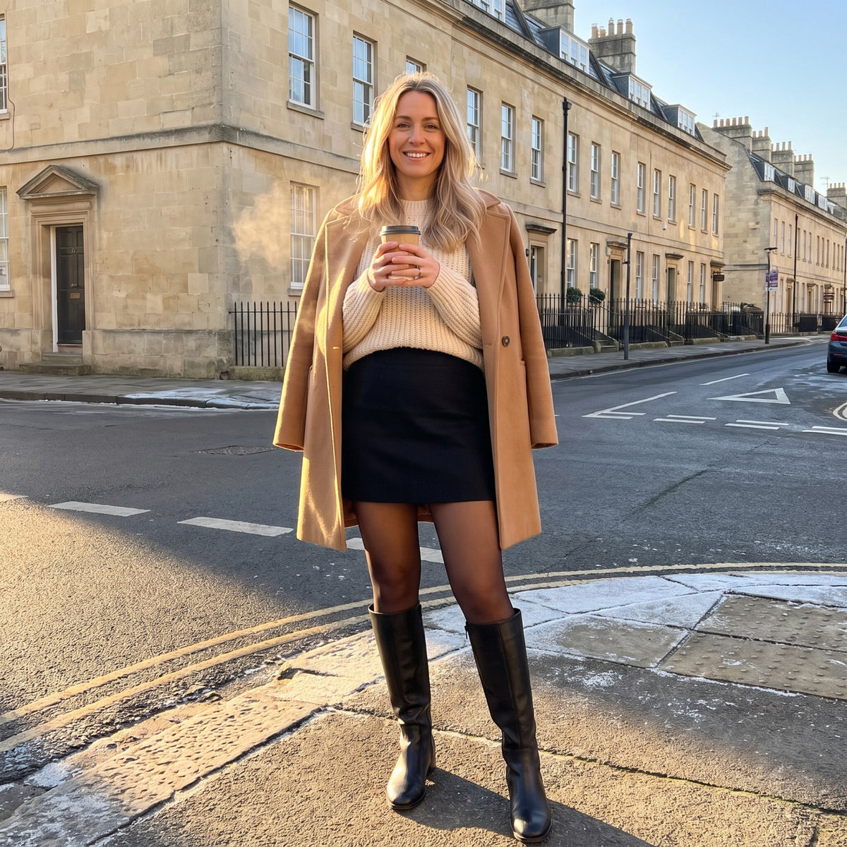Fleece-lined tights on a frosty morning, with a mini skirt and boots