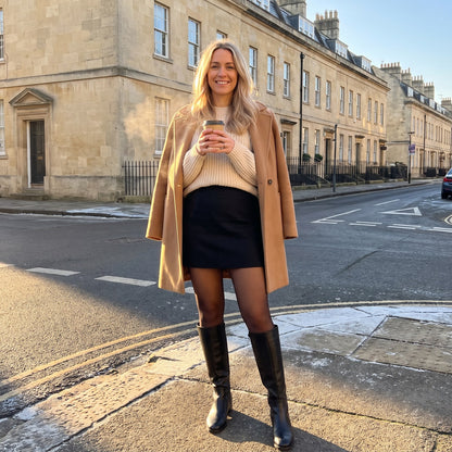 Fleece-lined tights on a frosty morning, with a mini skirt and boots