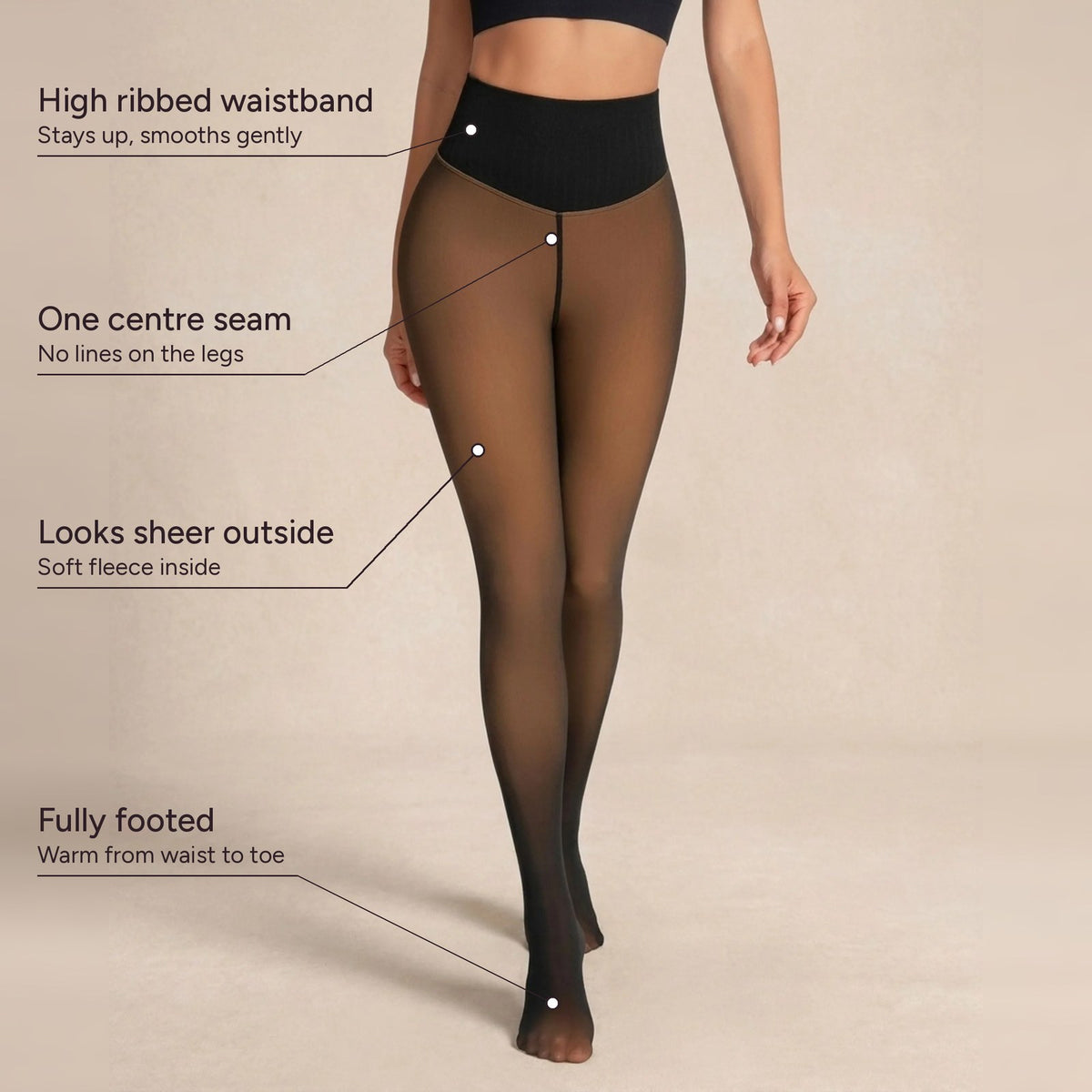 High ribbed waistband, one centre seam, fully footed
