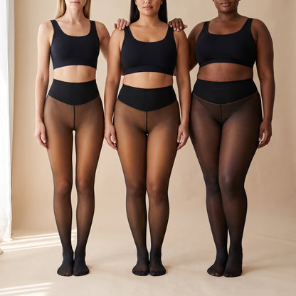 Three women of different sizes wearing the fleece-lined tights