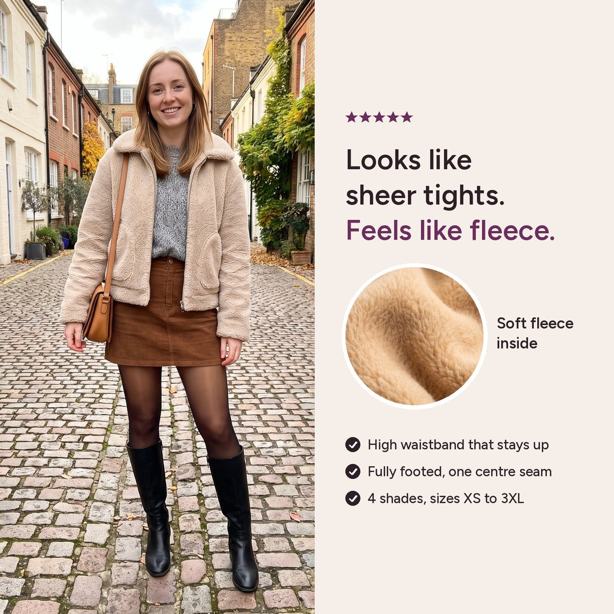 Fleece-lined tights that look like sheer tights, worn with a corduroy mini skirt and knee boots