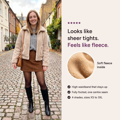 Fleece-lined tights that look like sheer tights, worn with a corduroy mini skirt and knee boots