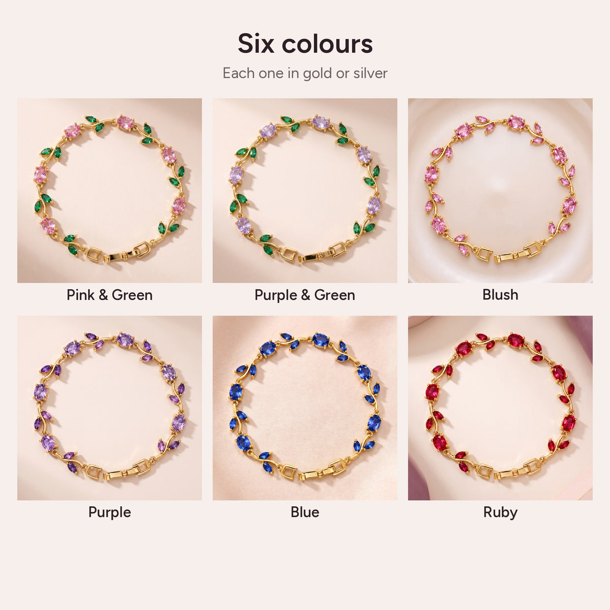 The six colours of the Tulip Bracelet