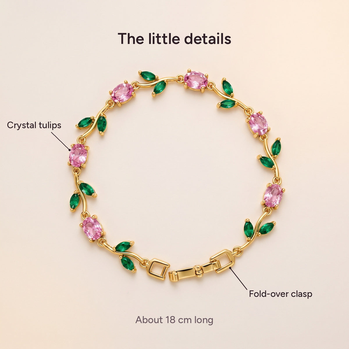 Tulip Bracelet details: crystal tulips, fold-over clasp, about 18 cm