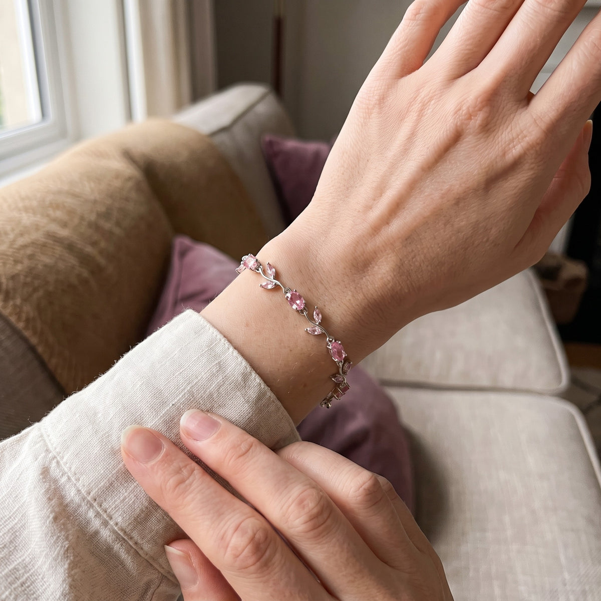 Tulip Bracelet in blush, silver, worn on the wrist